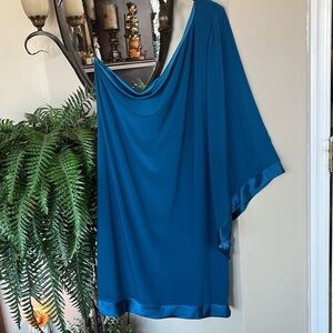 NWOT Bisou Bisou Jade One Shoulder Dress Lined Satin Trim Jewel Tone Tunic Drape